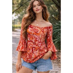 Peach Love California Soft Boho Top Blouse Bell Sleeve Gypsy Resort Sz Med Fairy